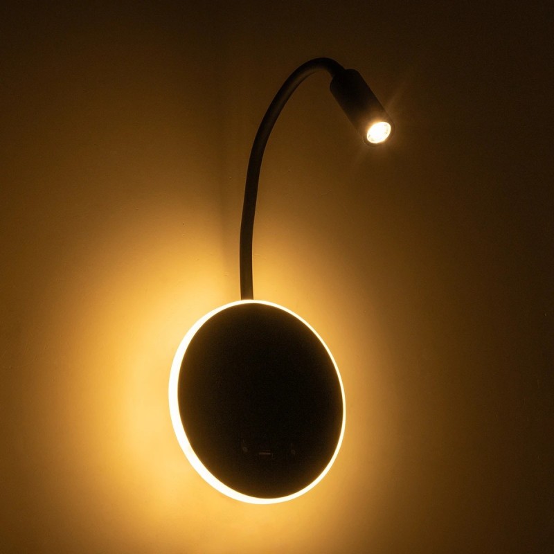 GloboStar® GOOSE 61695 Φωτιστικό Τοίχου - Απλίκα LED 6W 600lm 36° AC 220-240V IP20 - Reading Light & 360° Κρυφός Φωτισμός - Φορτιστής USB 3A - Θερμό Λευκό 2700K Μαύρο - Μ15.5 x Π22.5 x Υ30cm - 5 Xρόνια Εγγύηση