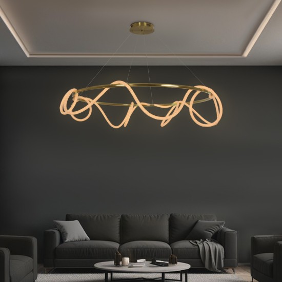 kelvo® GLOW 61661 Μοντέρνο Κρεμαστό Φωτιστικό Οροφής LED 100W 10000lm 360° AC 220-240V IP20 Ρυθμιζόμενο Λευκό CCT με Χειριστήριο από 2700K έως 6000K Dimmable - Lumileds SMD Chip - Χρυσό Πλατίνα & Λευκό Νήμα - Μ150 x Π150 x Υ100cm - 3 Χρόνια Εγγύηση kelvo® GLOW 61661 Μοντέρνο Κρεμαστό Φωτιστικό Οροφής LED 100W 10000lm 360° AC 220-240V IP20 Ρυθμιζόμενο Λευκό CCT με Χειριστήριο από 2700K έως 6000K Dimmable - Lumileds SMD Chip - Χρυσό Πλατίνα & Λευκό Νήμα - Μ150 x Π150 x Υ100cm - 3 Χρόνια Εγγύηση