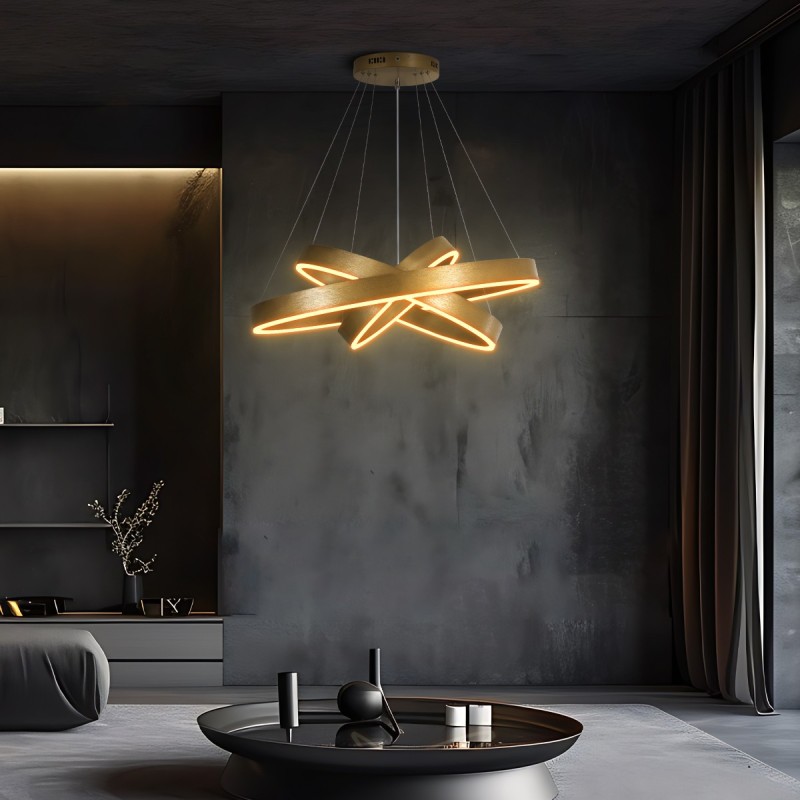 GloboStar® VENOM TRIO 61190-DECO Κρεμαστό Φωτιστικό Δαχτυλίδι-Κύκλος LED CCT 120W 14158lm 120° AC 220-240V - Εναλλαγή Φωτισμού μέσω Τηλεχειριστηρίου All In One Ψυχρό 6000K+Φυσικό 4500K+Θερμό 2700K Dimmable Φ40+60+80cm - Χρυσό Βούρτσας - 3 Years Warranty