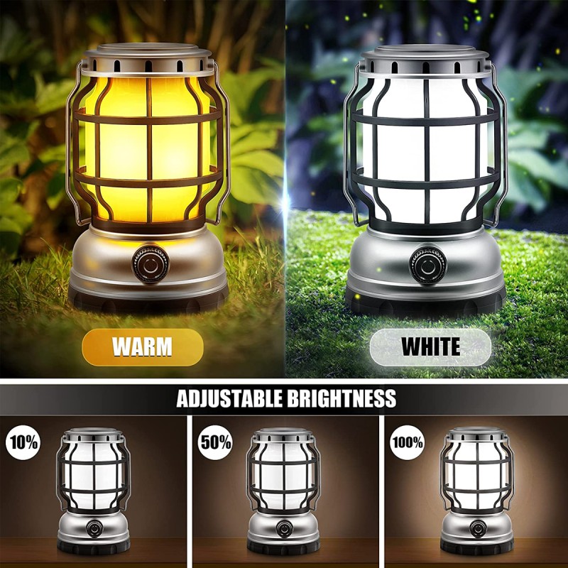 GloboStar® 69931 Αυτόνομο Ηλιακό Επαναφορτιζόμενο Φανάρι Camping LED 5W με Εναλλαγή Χρωμάτων Flame Effect & Επαναφορτιζόμενη Μπαταρία 18650 1200mAh Li-ion - Power Bank - Αδιάβροχο IP54 - Dimmable - Μαύρο Ασημί - Flame Effect 1800K - Ψυχρό Λευκό 6000K