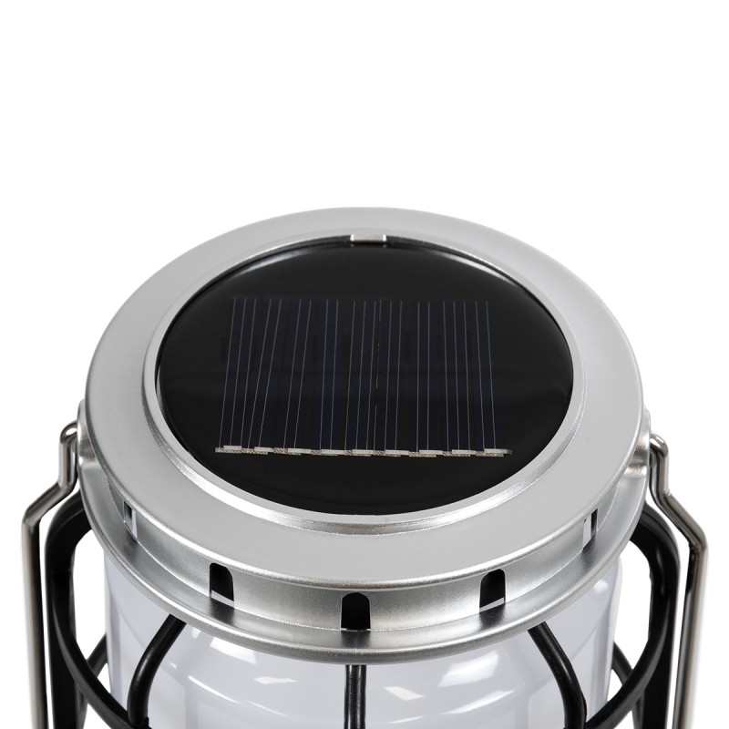 GloboStar® 69931 Αυτόνομο Ηλιακό Επαναφορτιζόμενο Φανάρι Camping LED 5W με Εναλλαγή Χρωμάτων Flame Effect & Επαναφορτιζόμενη Μπαταρία 18650 1200mAh Li-ion - Power Bank - Αδιάβροχο IP54 - Dimmable - Μαύρο Ασημί - Flame Effect 1800K - Ψυχρό Λευκό 6000K