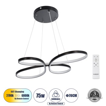 GLOBOSTAR® BUTTERFLY 61391 Μοντέρνο Κρεμαστό Φωτιστικό Οροφής LED 75W 8400lm 300° AC 220-240V IP20 Ρυθμιζόμενο Λευκό CCT με Χειριστήριο από 2700K έως 6000K Dimmable - Lumileds SMD Chip - Μαύρο Ματ - Μ70 x Π55 x Υ4cm - 3 Χρόνια Εγγύηση