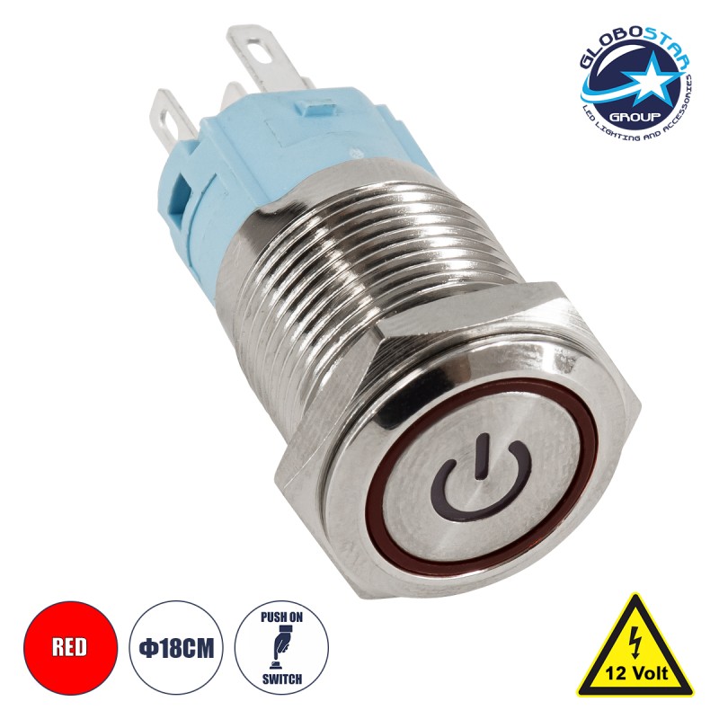 GloboStar® 70786 LED Φωτιζόμενος Διακόπτης Χωνευτός - Μπουτόν PUSH On Ανοξείδωτος DC 12V με Angel Eye Αδιάβροχο Φ18mm IP67 Κόκκινο