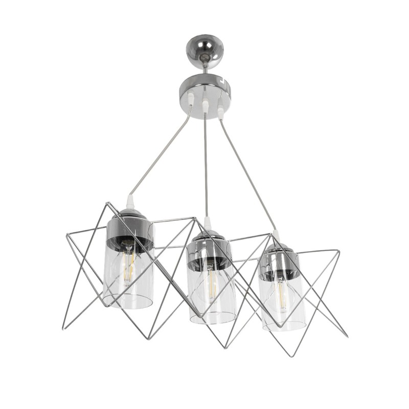 GloboStar® PLEX 202-0039 Μοντέρνο Κρεμαστό Φωτιστικό Πλέγμα Τρίφωτο 3 x E27 IP20 Ασημί Μέταλλο με Διάφανο Γυαλί - Μ55 x Π20 x Υ70cm