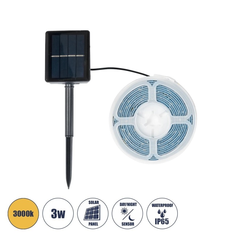 GloboStar® 70420 Αυτόνομο Ηλιακό Φωτοβολταϊκό Σετ με 3 Μέτρα Ταινία LED Θερμό Λευκό 3000k