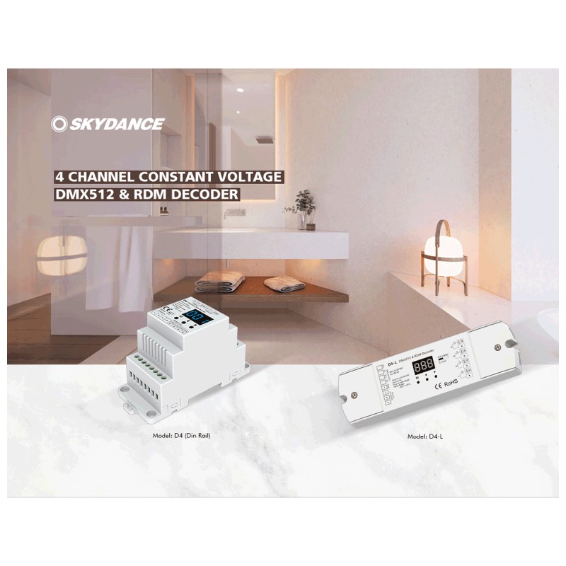 GloboStar® 70668 D4-L SKYDANCE DC DMX & RDM Dimmer High Speed Controller / Decoder 4 Καναλιών DC 12-24V 4 x 5A 120W - Max 20.5A 480W - IP20 Μ17 x Π5 x Υ2.5cm - 5 Years Warranty