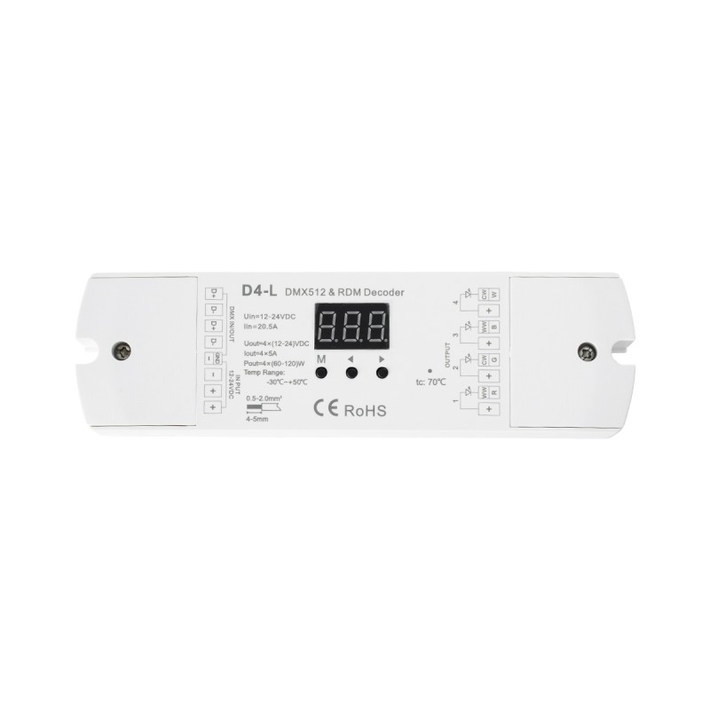GloboStar® 70668 D4-L SKYDANCE DC DMX & RDM Dimmer High Speed Controller / Decoder 4 Καναλιών DC 12-24V 4 x 5A 120W - Max 20.5A 480W - IP20 Μ17 x Π5 x Υ2.5cm - 5 Years Warranty