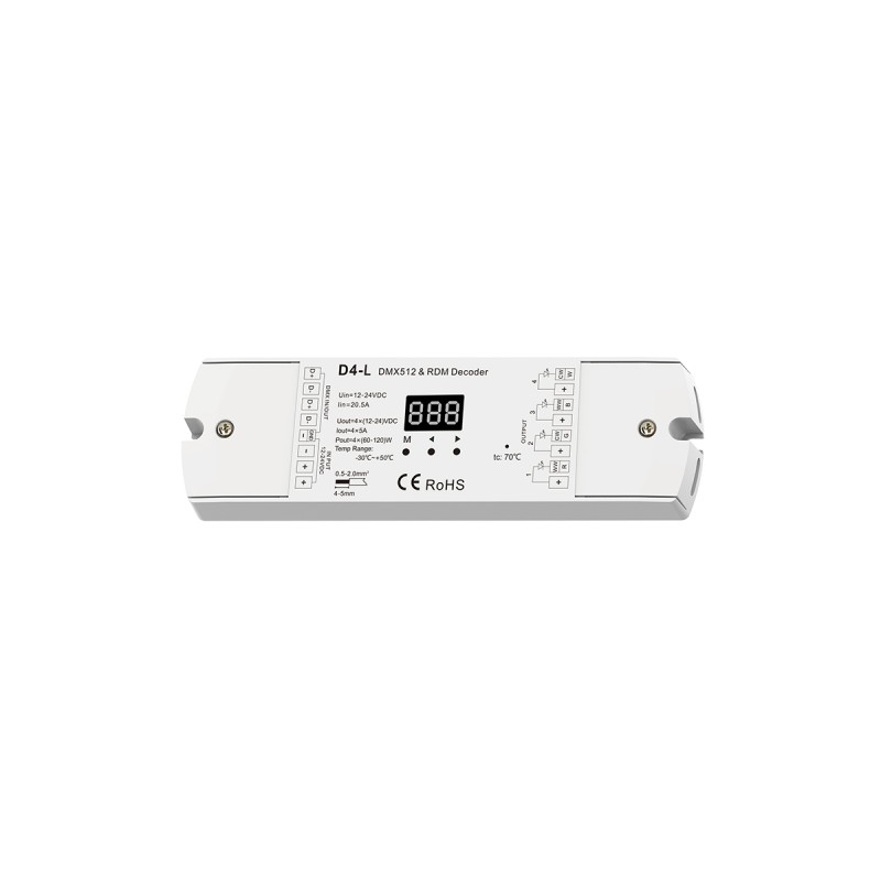 GloboStar® 70668 D4-L SKYDANCE DC DMX & RDM Dimmer High Speed Controller / Decoder 4 Καναλιών DC 12-24V 4 x 5A 120W - Max 20.5A 480W - IP20 Μ17 x Π5 x Υ2.5cm - 5 Years Warranty
