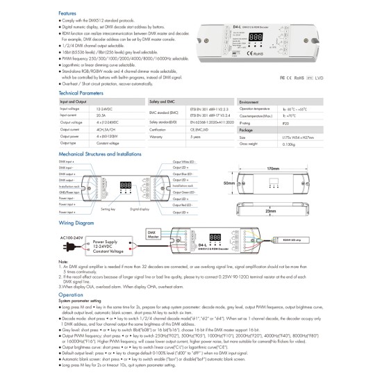 GloboStar® 70668 D4-L SKYDANCE DC DMX & RDM Dimmer High Speed Controller / Decoder 4 Καναλιών DC 12-24V 4 x 5A 120W - Max 20.5A 480W - IP20 Μ17 x Π5 x Υ2.5cm - 5 Years Warranty