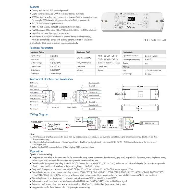 GloboStar® 70668 D4-L SKYDANCE DC DMX & RDM Dimmer High Speed Controller / Decoder 4 Καναλιών DC 12-24V 4 x 5A 120W - Max 20.5A 480W - IP20 Μ17 x Π5 x Υ2.5cm - 5 Years Warranty