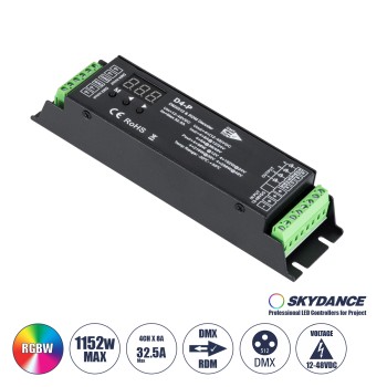 GLOBOSTAR® SKYDANCE-D4-P 70669 DC DMX Master Dimmer / Controller / Decoder Υψηλής Ταχύτητας με 4 x 8A 384W Κανάλια 12-48V 32.5A 1152W Max IP20 - DMX512 & RDM - Μ17.5 x Π4.5 x Υ2.8cm - 5 Χρόνια Εγγύηση