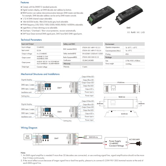 GloboStar® 70669 D4-P SKYDANCE DC DMX & RDM Dimmer High Speed Controller / Decoder 4 Καναλιών DC 12-48V 4 x 8A 384W - Max 32.5A 1152W - IP20 Μ17.5 x Π4.5 x Υ2.8cm - 5 Years Warranty