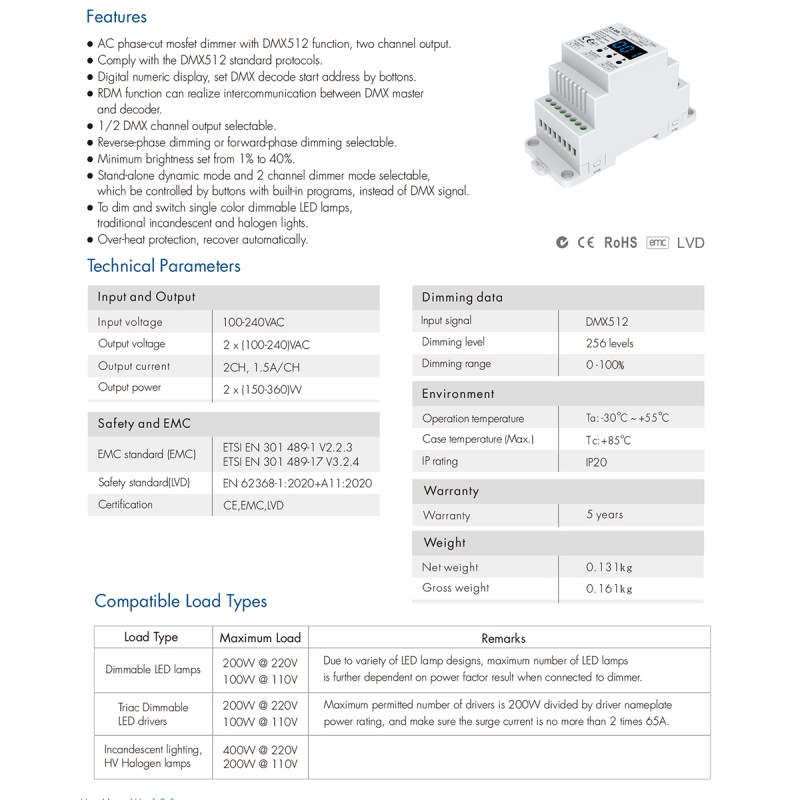 GloboStar® 70670 S1-DR SKYDANCE AC Triac DMX Dimmer Din Rail Ράγας 2 Καναλιών AC 100-240V 2 x 1.5A 360W - Max 3A 720W - IP20 DMX512 Μ11.5 x Π5 x Υ6.5cm - 5 Years Warranty