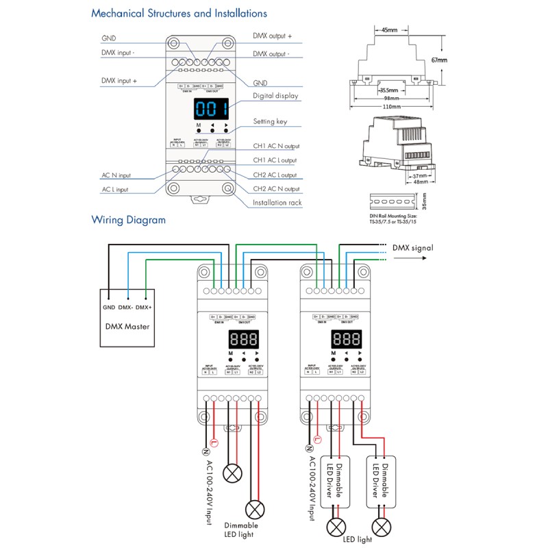 GloboStar® 70670 S1-DR SKYDANCE AC Triac DMX Dimmer Din Rail Ράγας 2 Καναλιών AC 100-240V 2 x 1.5A 360W - Max 3A 720W - IP20 DMX512 Μ11.5 x Π5 x Υ6.5cm - 5 Years Warranty