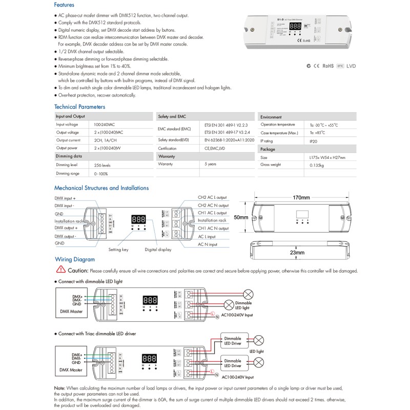 GLOBOSTAR® SKYDANCE-S1-D 70671 AC Trailing Edge DMX Dimmer με 2 x 1A 240W Κανάλια AC 220-240V 2A 480W Max IP20 - DMX512 & RDM - Μ16.7 x Π5 x Υ2.4cm - 5 Χρόνια Εγγύηση