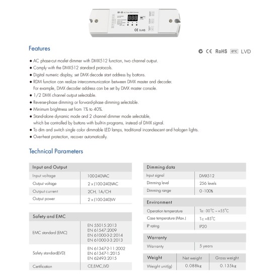 GLOBOSTAR® SKYDANCE-S1-D 70671 AC Trailing Edge DMX Dimmer με 2 x 1A 240W Κανάλια AC 220-240V 2A 480W Max IP20 - DMX512 & RDM - Μ16.7 x Π5 x Υ2.4cm - 5 Χρόνια Εγγύηση GLOBOSTAR® SKYDANCE-S1-D 70671 AC Trailing Edge DMX Dimmer με 2 x 1A 240W Κανάλια AC 220-240V 2A 480W Max IP20 - DMX512 & RDM - Μ16.7 x Π5 x Υ2.4cm - 5 Χρόνια Εγγύηση