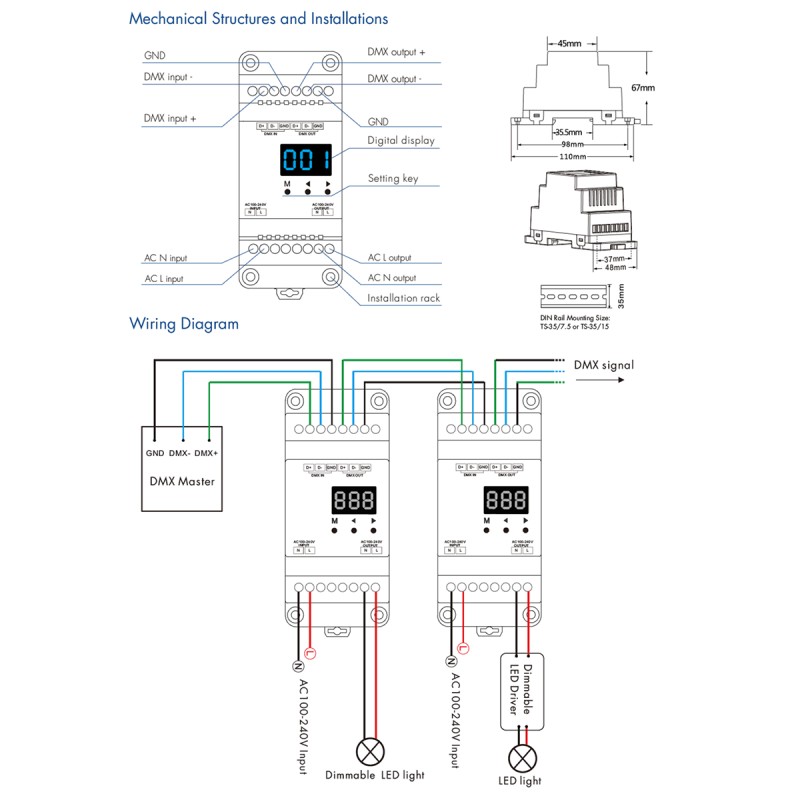 GloboStar® 70672 S1-D1 SKYDANCE AC Triac DMX Dimmer Din Rail Ράγας 1 Καναλιού AC 100-240V 1 x 2A 480W - Max 2A 480W - IP20 DMX512 Μ11.5 x Π5 x Υ6.5cm - 5 Years Warranty