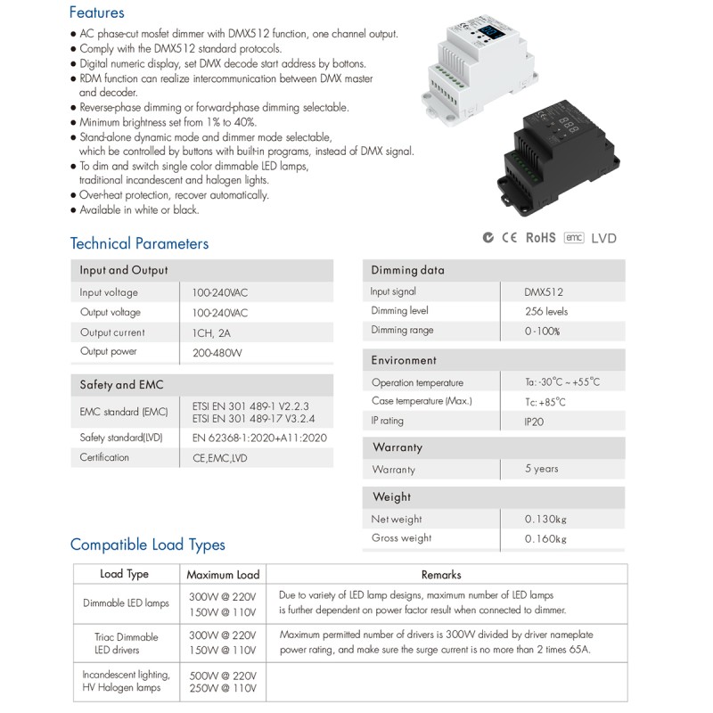 GloboStar® 70672 S1-D1 SKYDANCE AC Triac DMX Dimmer Din Rail Ράγας 1 Καναλιού AC 100-240V 1 x 2A 480W - Max 2A 480W - IP20 DMX512 Μ11.5 x Π5 x Υ6.5cm - 5 Years Warranty