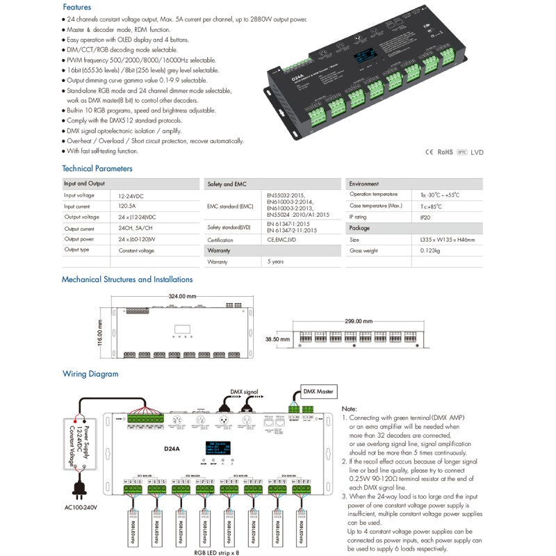 GloboStar® 70673 D24A SKYDANCE DC DMX & RDM Dimmer High Speed Controller / Decoder / Master 24 Καναλιών DC 12-24V 24 x 3A 72W - Max 72.5A 1740W - IP20 DMX512 Μ16.7 x Π5 x Υ2.4cm - 5 Years Warranty