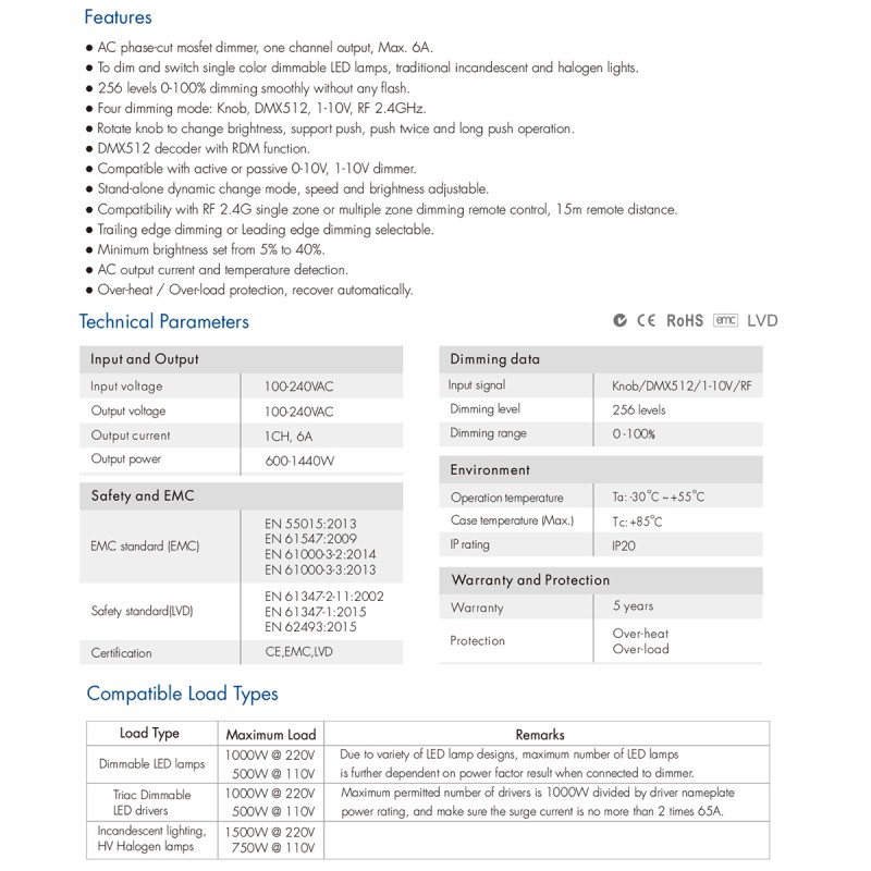 GloboStar® 70674 SK1 SKYDANCE AC Triac DMX Dimmer Din Rail Ράγας 1 Καναλιού AC 100-240V 1 x 6A 1440W - Max 6A 1440W - IP20 DMX512 Μ16.8 x Π9.3 x Υ8cm - 5 Years Warranty