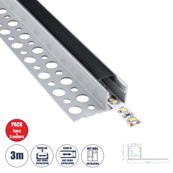 GLOBOSTAR® ALP-PLASTERIN GYPSO 70835-3M Χωνευτό Τερματικό Προφίλ Αλουμινίου Ειδικό για Γυψοσανίδα με Μαύρο Φιμέ Πατητό Κάλυμμα για Ταινίες LED IP20 - Ασημί & Μαύρο - Μ300 x Π3.1 x Υ1.3cm - Πακέτο 5 Τεμαχίων