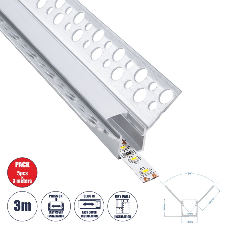 GloboStar® PLASTERBOARD-PROFILE 70836-3M Προφίλ Αλουμινίου - Βάση & Ψύκτρα Ταινίας LED με Λευκό Γαλακτερό Κάλυμμα - Χωνευτή Γωνιακή Χρήση σε Εσωτερική Γωνία Γυψοσανίδας - Trimless - Πατητό Κάλυμμα - Ασημί - 3 Μέτρα - Πακέτο 5 Τεμαχίων - Μ300 x Π3.1 x