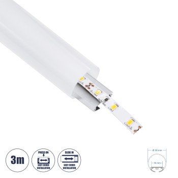 GLOBOSTAR® ALP-ROUND TUBIT 70853-3M Επιφανειακό & Κρεμαστό Προφίλ Αλουμινίου με Λευκό Γαλακτερό Πατητό Κάλυμμα για Ταινίες LED IP20 - Ασημί & Λευκό - Μ300 x Π3 x Υ3cm
