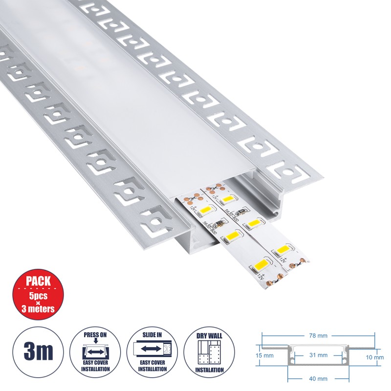 GLOBOSTAR® ALP-PLASTERIN GYPSO 70861-3M Χωνευτό Προφίλ Αλουμινίου Ειδικό για Γυψοσανίδα με Λευκό Γαλακτερό Πατητό Κάλυμμα για Ταινίες LED IP20 - Ασημί & Λευκό - Μ300 x Π7.8 x Υ1.4cm - Πακέτο 5 Τεμαχίων