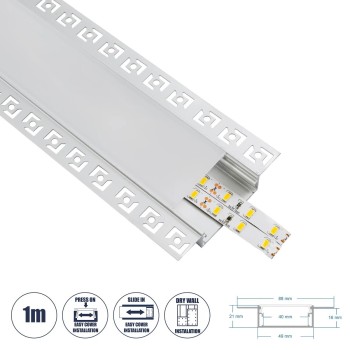 GLOBOSTAR® ALP-PLASTERIN GYPSO 70862-1M Χωνευτό Προφίλ Αλουμινίου Ειδικό για Γυψοσανίδα με Λευκό Γαλακτερό Πατητό Κάλυμμα για Ταινίες LED IP20 - Ασημί & Λευκό - Μ100 x Π8.8 x Υ2cm