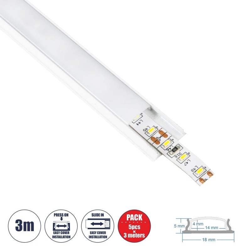 GloboStar® CURVED-PROFILE 70863-3M Προφίλ Αλουμινίου - Βάση & Ψύκτρα Ταινίας LED με Λευκό Γαλακτερό Κάλυμμα - Επιφανειακή Χρήση - Εύκαμπτο με Δυνατότητα Κυρτής Τοποθέτησης - Πατητό Κάλυμμα - Λευκό - 3 Μέτρα - Πακέτο 5 Τεμαχίων - Μ300 x Π1.8 x Υ0.5cm