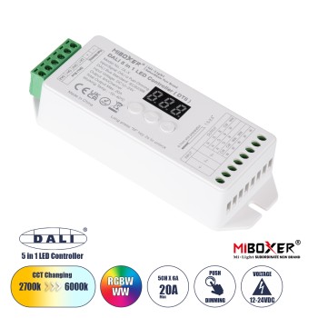 GLOBOSTAR® MiBOXER-DL-X 71423 DC DALI BUS & Push Dimmer / Controller με 5 x 6A 144W Κανάλια DC 12-24V 20A 480W Max IP20 - DALI BUS & Push Dimming - Μ13 x Π5 x Υ2.5cm - 5 Χρόνια Εγγύηση