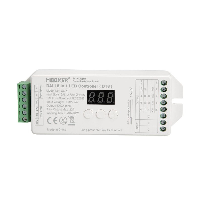GloboStar® 71423 DL-X Mi-BOXER DC DALI & Push Dimming 5 in 1 High Speed Controller / Dimmer 5 Καναλιών DC 12-24V 5 x 6A 144W - Max 20A 480W - IP20 RGBW+WW Μ13 x Π5 x Υ2.5cm - 5 Years Warranty
