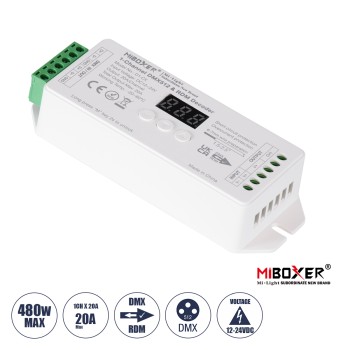 GLOBOSTAR® MiBOXER-D1-CX 71424 DC DMX Master Dimmer / Controller / Decoder Υψηλής Ταχύτητας με 1 x 20A 480W Κανάλι DC 12-24V 20A 480W Max IP20 - DMX512 & RDM - Μ13 x Π5 x Υ2.5cm - 5 Χρόνια Εγγύηση