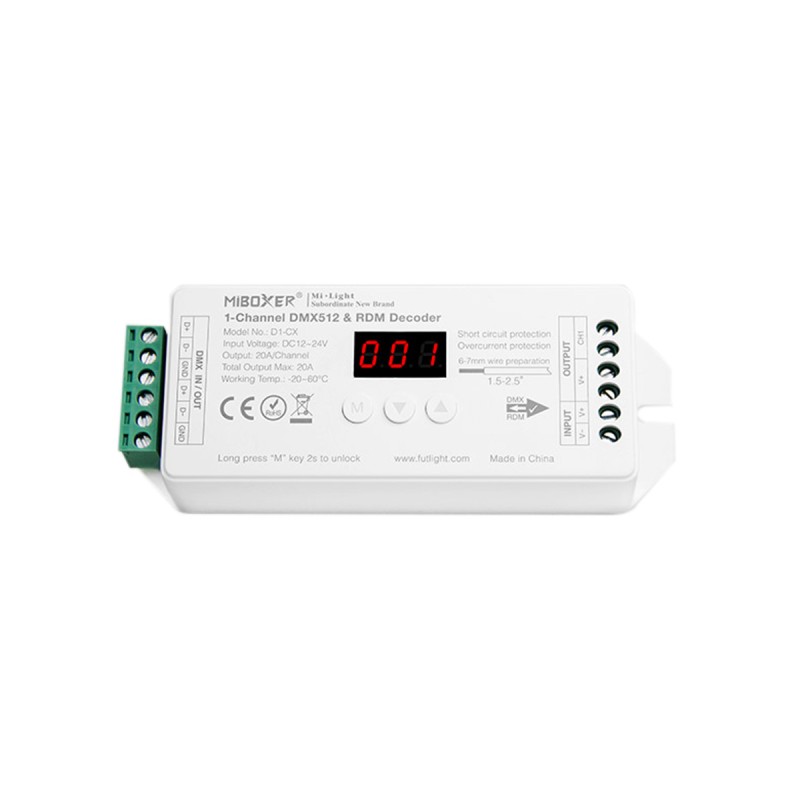 GloboStar® 71424 D1-CX Mi-BOXER DC DMX & RDM Dimmer High Speed Controller / Decoder 1 Καναλιού DC 12-24V 1 x 20A 480W - Max 20A 480W - IP20 Μ13 x Π5 x Υ2.5cm - 5 Years Warranty