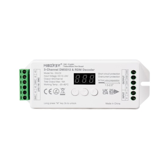 GloboStar® 71425 D3-CX Mi-BOXER DC DMX & RDM Dimmer High Speed Controller / Decoder 3 Καναλιών DC 12-24V 3 x 6A 144W - Max 18A 432W - IP20 Μ13 x Π5 x Υ2.5cm - 5 Years Warranty