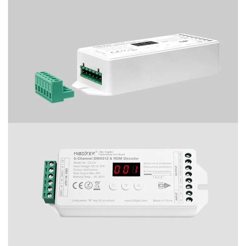 GloboStar® 71426 D5-CX Mi-BOXER DC DMX & RDM Dimmer High Speed Controller / Decoder 5 Καναλιών DC 12-24V 5 x 4A 96W - Max 20A 480W - IP20 Μ13 x Π5 x Υ2.5cm - 5 Years Warranty