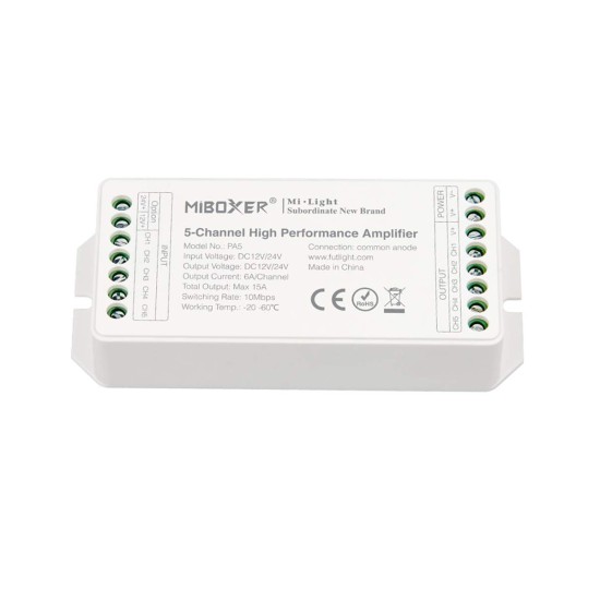 GloboStar® 71429 PA5 Mi-BOXER DC Power & Signal High Speed Amplifier Ενισχυτής Ισχύος & Σήματος Υψηλών Ταχυτήτων 5 Καναλιών DC 12-24V 5 x 6A 144W - Max 15A 360W - IP20 RGBW+WW Μ11.4 x Π4.9 x Υ2.8cm - 5 Years Warranty