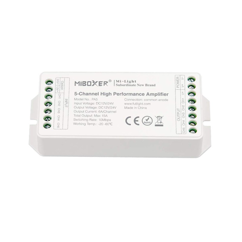 GloboStar® 71429 PA5 Mi-BOXER DC Power & Signal High Speed Amplifier Ενισχυτής Ισχύος & Σήματος Υψηλών Ταχυτήτων 5 Καναλιών DC 12-24V 5 x 6A 144W - Max 15A 360W - IP20 RGBW+WW Μ11.4 x Π4.9 x Υ2.8cm - 5 Years Warranty
