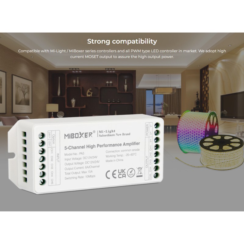 GloboStar® 71429 PA5 Mi-BOXER DC Power & Signal High Speed Amplifier Ενισχυτής Ισχύος & Σήματος Υψηλών Ταχυτήτων 5 Καναλιών DC 12-24V 5 x 6A 144W - Max 15A 360W - IP20 RGBW+WW Μ11.4 x Π4.9 x Υ2.8cm - 5 Years Warranty