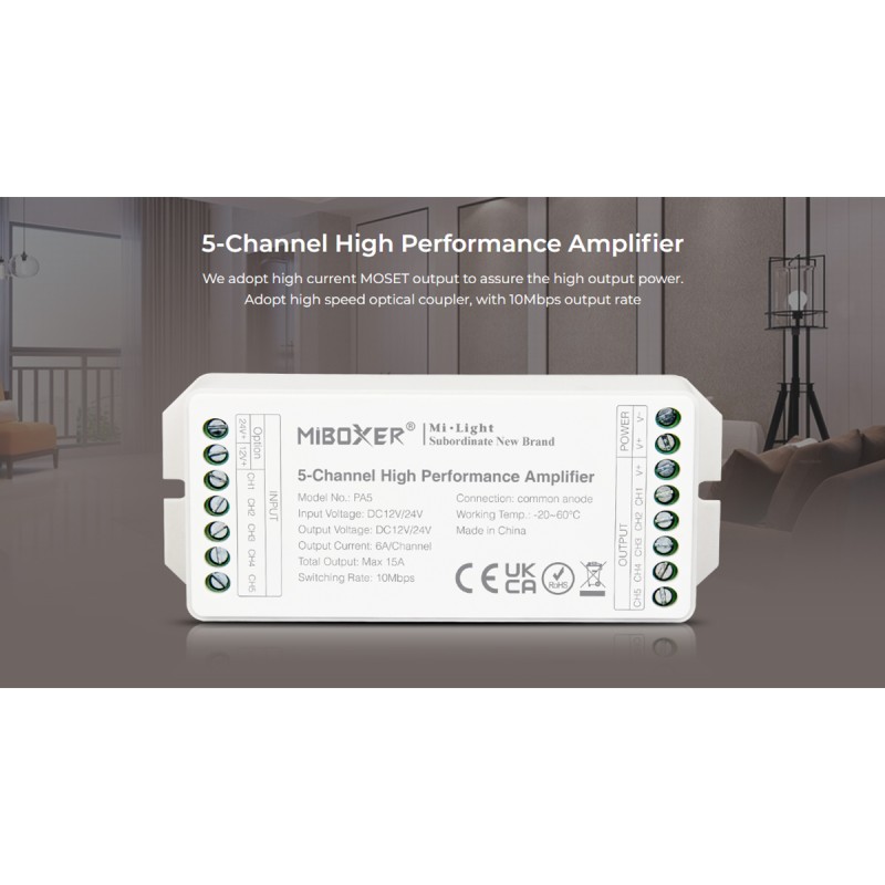 GloboStar® 71429 PA5 Mi-BOXER DC Power & Signal High Speed Amplifier Ενισχυτής Ισχύος & Σήματος Υψηλών Ταχυτήτων 5 Καναλιών DC 12-24V 5 x 6A 144W - Max 15A 360W - IP20 RGBW+WW Μ11.4 x Π4.9 x Υ2.8cm - 5 Years Warranty
