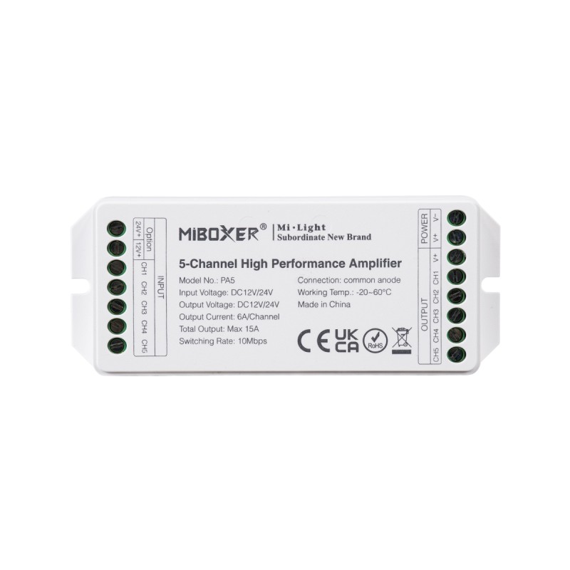 GloboStar® 71429 PA5 Mi-BOXER DC Power & Signal High Speed Amplifier Ενισχυτής Ισχύος & Σήματος Υψηλών Ταχυτήτων 5 Καναλιών DC 12-24V 5 x 6A 144W - Max 15A 360W - IP20 RGBW+WW Μ11.4 x Π4.9 x Υ2.8cm - 5 Years Warranty