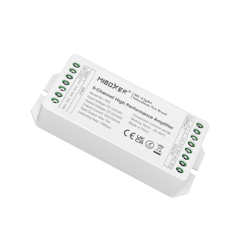 GloboStar® 71429 PA5 Mi-BOXER DC Power & Signal High Speed Amplifier Ενισχυτής Ισχύος & Σήματος Υψηλών Ταχυτήτων 5 Καναλιών DC 12-24V 5 x 6A 144W - Max 15A 360W - IP20 RGBW+WW Μ11.4 x Π4.9 x Υ2.8cm - 5 Years Warranty