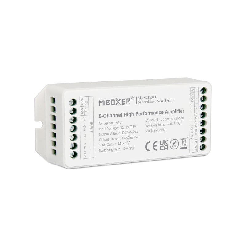 GloboStar® 71429 PA5 Mi-BOXER DC Power & Signal High Speed Amplifier Ενισχυτής Ισχύος & Σήματος Υψηλών Ταχυτήτων 5 Καναλιών DC 12-24V 5 x 6A 144W - Max 15A 360W - IP20 RGBW+WW Μ11.4 x Π4.9 x Υ2.8cm - 5 Years Warranty