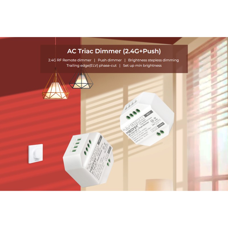 GloboStar® 71432 TRI-C1 Mi-BOXER AC Triac & RF 2.4Ghz & Push Dimmer 1 Καναλιού AC 100-240V 1 x 1.36A 300W - Max 1.36A 300W - IP20 Μ5 x Π5 x Υ2.3cm - 5 Years Warranty