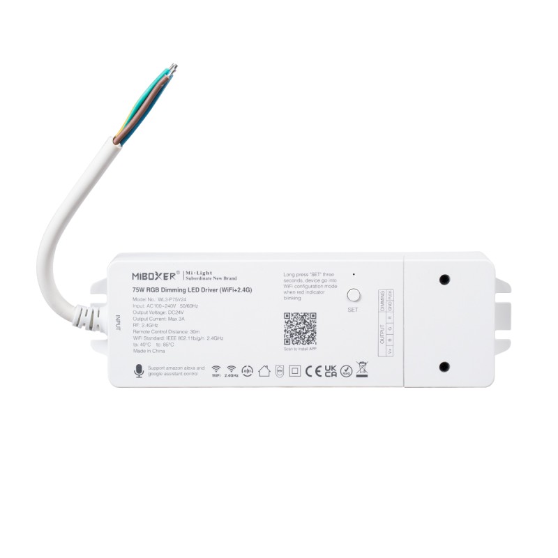 GloboStar® 71439 WL3-P75V24 Mi-BOXER DC Smart Wifi & RF 2.4Ghz & Push Dimming Power Supply Τροφοδοτικό SELV & Controller / Dimmer All in One 3 Καναλιών AC100-240V σε DC 24V 3 x 0.6A 14.4W - Max 3A 75W - IP20 RGB Μ19 x Π5.5 x Υ3.2cm - 5 Years W