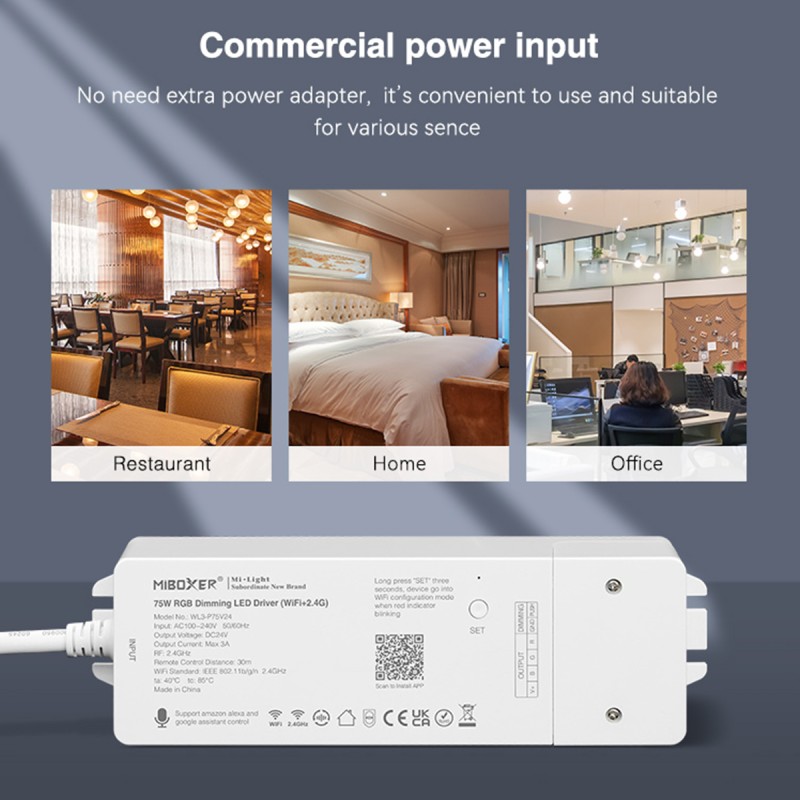 GloboStar® 71439 WL3-P75V24 Mi-BOXER DC Smart Wifi & RF 2.4Ghz & Push Dimming Power Supply Τροφοδοτικό SELV & Controller / Dimmer All in One 3 Καναλιών AC100-240V σε DC 24V 3 x 0.6A 14.4W - Max 3A 75W - IP20 RGB Μ19 x Π5.5 x Υ3.2cm - 5 Years W