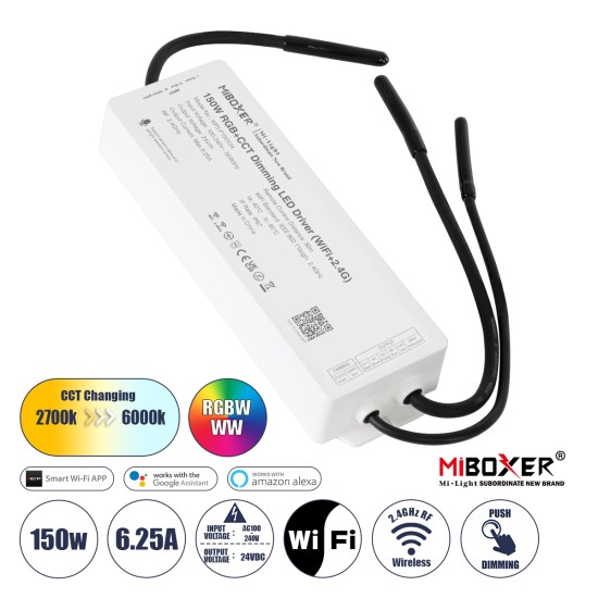 GloboStar® 71440 WP5-P150V24 Mi-BOXER DC Smart Wifi & RF 2.4Ghz & Push Dimming Power Supply Τροφοδοτικό SELV & Controller / Dimmer All in One 5 Καναλιών AC100-240V σε DC 24V 5 x 1.25A 30W - Max 6.25A 150W - Αδιάβροχο IP67 RGBW+WW Μ22.5 x Π7.3