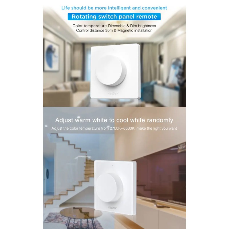 GloboStar® 71443 K1 Mi-BOXER Ασύρματο Επιτοίχιο Χειριστήριο Dimmer RF 2.4Ghz για όλα τα Μονόχρωμα Mi-BOXER Controller DC 3V 1 x CR2032 - IP20 Λευκό Μ8.5 x Π8.5 x Υ2.5cm - 5 Years Warranty