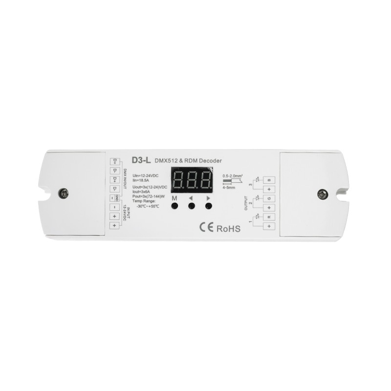 GloboStar® 71447 D3-L SKYDANCE DC DMX & RDM Dimmer High Speed Controller / Decoder 3 Καναλιών DC 12-24V 3 x 6A 144W - Max 18.5A 432W - IP20 Μ17 x Π5 x Υ2.5cm - 5 Years Warranty