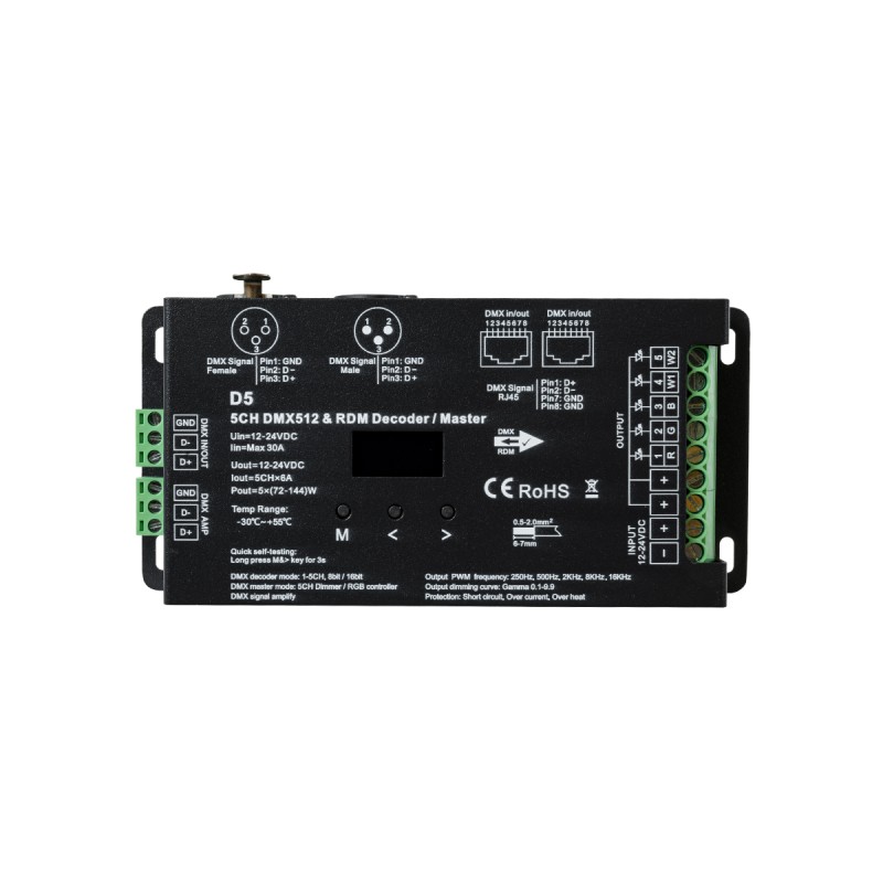 GloboStar® 71448 D5 SKYDANCE DC DMX & RDM Dimmer High Speed Controller / Decoder 5 Καναλιών DC 12-24V 5 x 6A 144W - Max 30A 864W - IP20 Μ17 x Π8 x Υ4cm - 5 Years Warranty